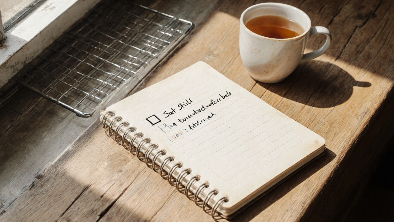 Handwritten note with a checkmark and tea cup on a wooden table.