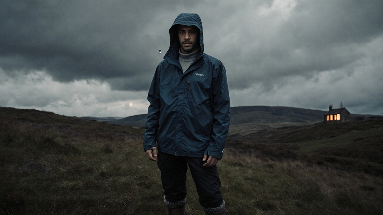 Man standing on windswept moors in technical outerwear, rain droplet mid-air, moody sky overhead.