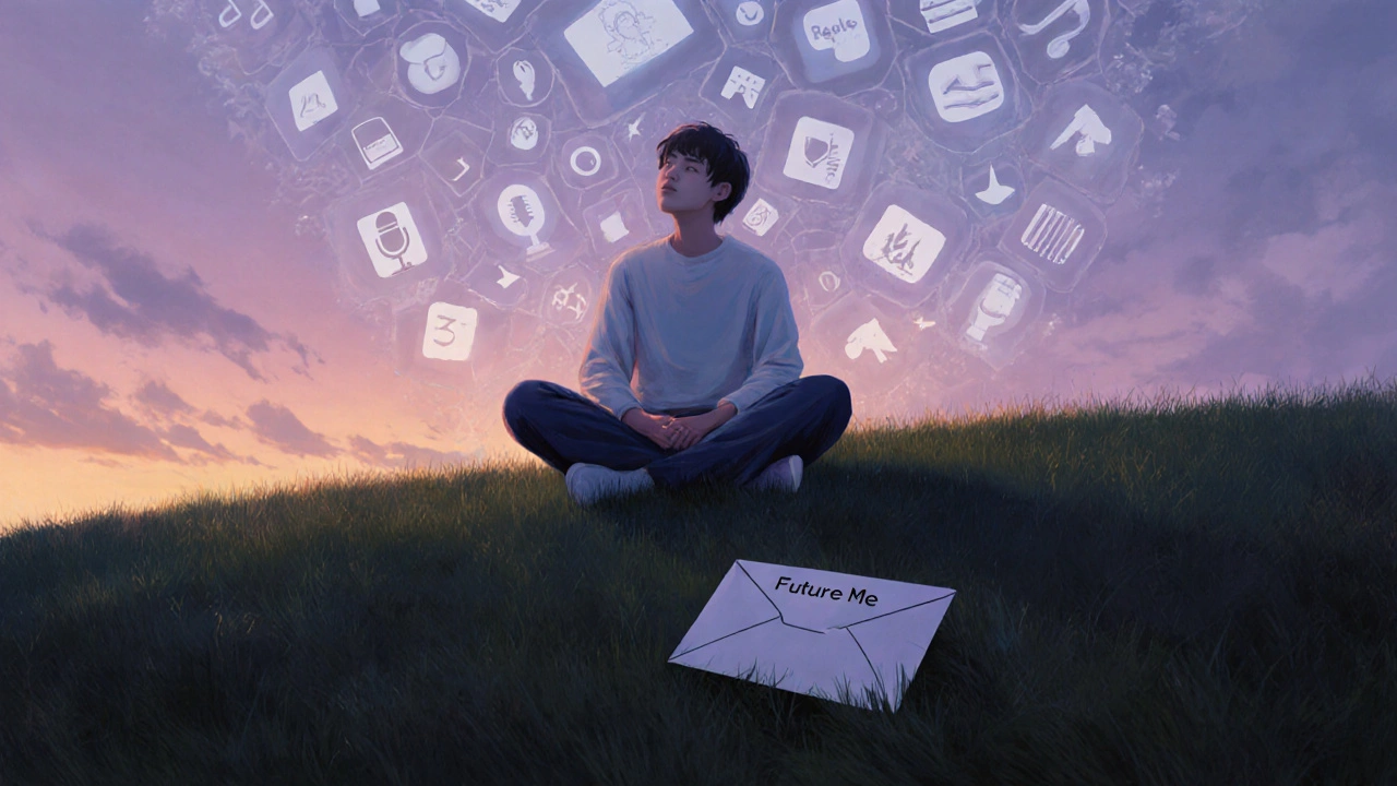 Person sitting calmly on a hill at dusk, digital icons fading into sky, sealed letter on ground.