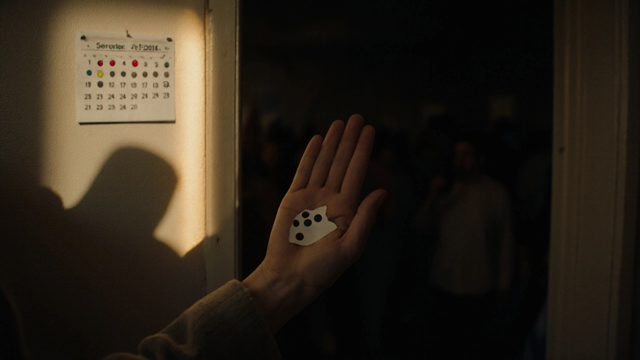 Person stepping into a room, holding a calendar with seven stickers.