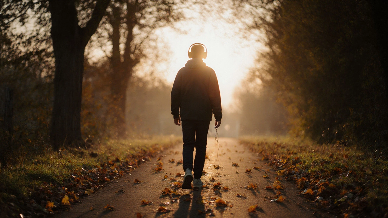 Person walking peacefully at dusk, phone away, surrounded by nature.