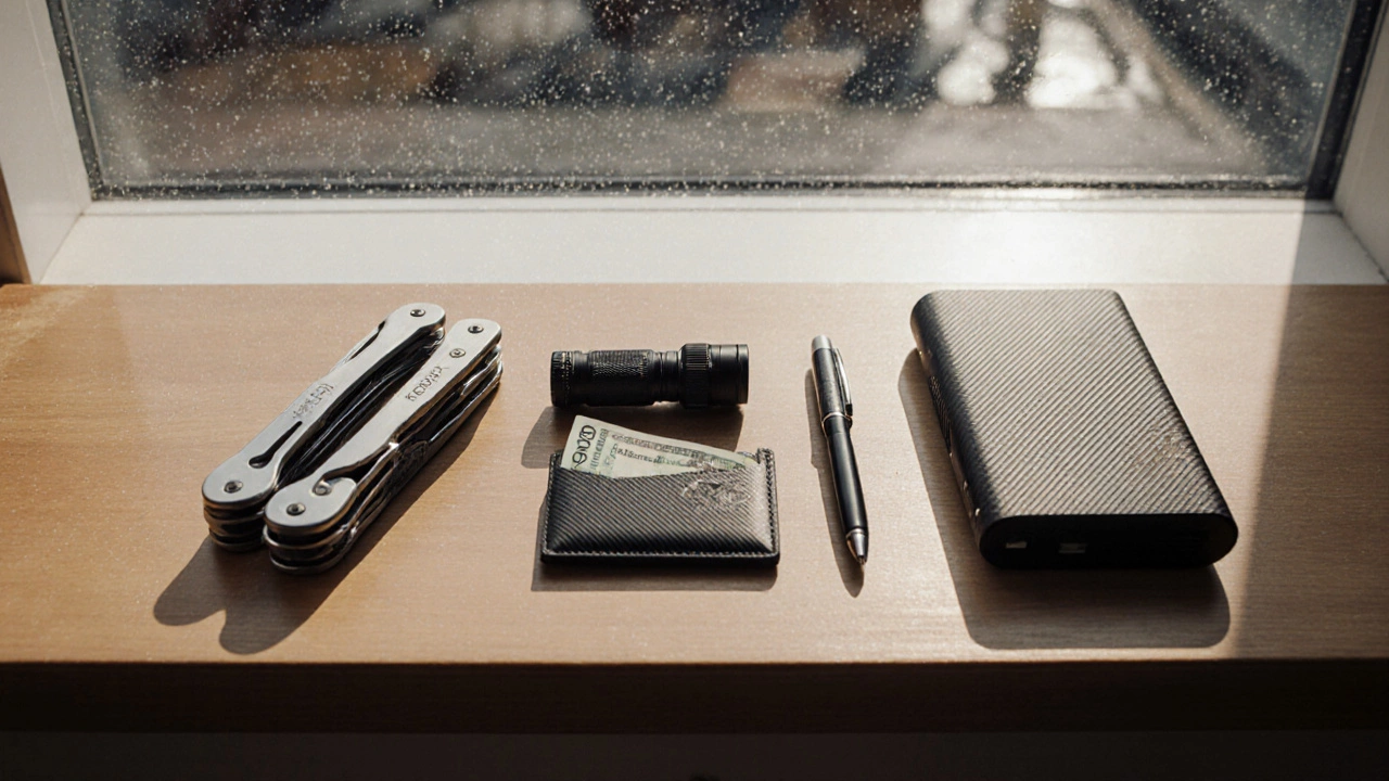 Top-down view of a neatly arranged EDC kit on a wooden table with tools, flashlight, wallet, and power bank.