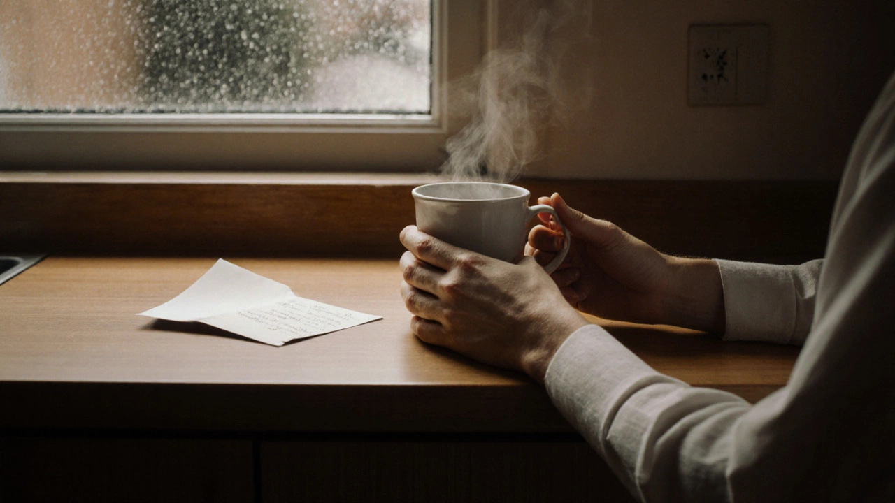 Two hands rest near a mug on a kitchen counter, rain falling outside the window.