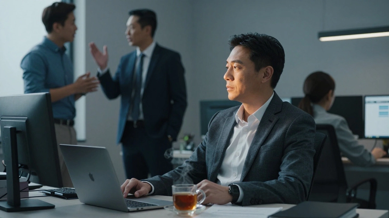A calm professional sitting peacefully amid loud office arguments, tea steaming beside him.