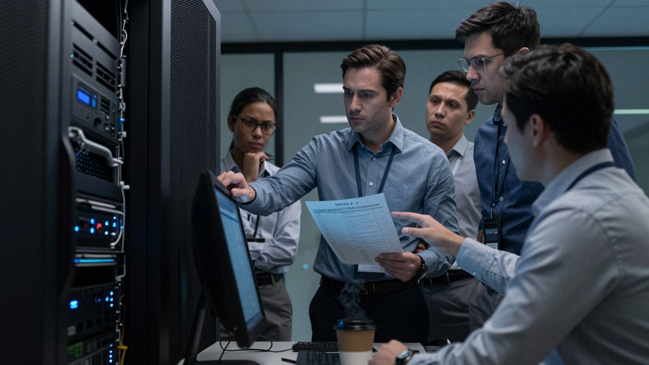 A calm team member guiding others through a technical crisis after hours.