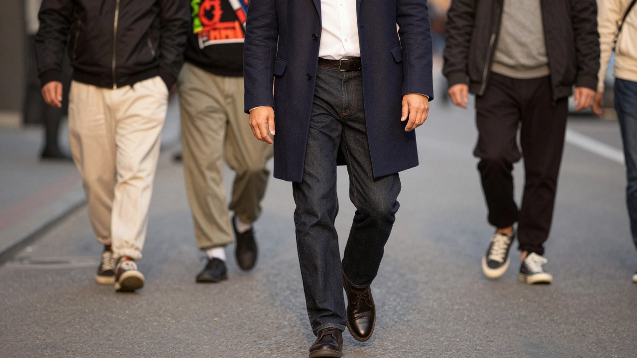 A confident man walks down a city street in timeless attire, his grooming and posture exuding quiet sophistication.