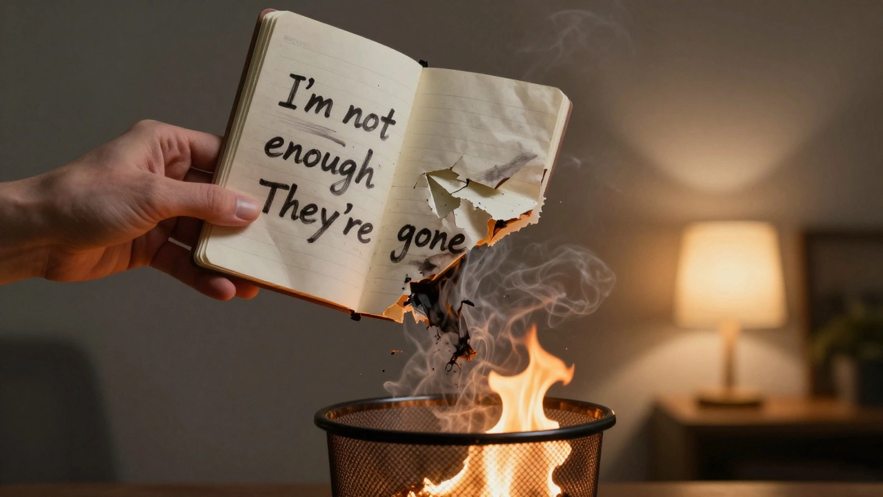 A hand burning a notebook page filled with fearful writings.