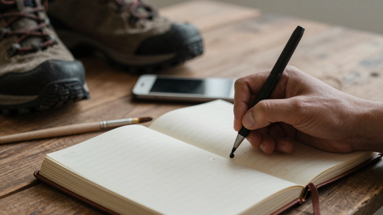 A hand writing in a journal by candlelight, phone face down, paintbrush and boots nearby.
