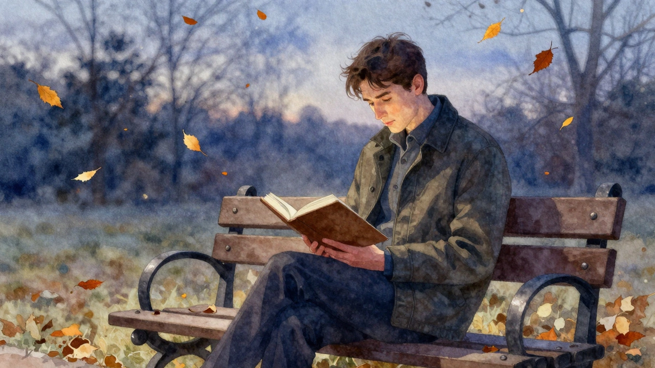 A man reading alone on a park bench at dusk, undisturbed by technology.