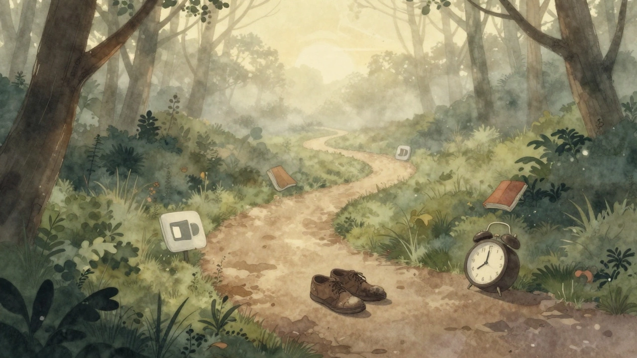 A misty forest path with symbolic objects leading to a pair of worn walking shoes.