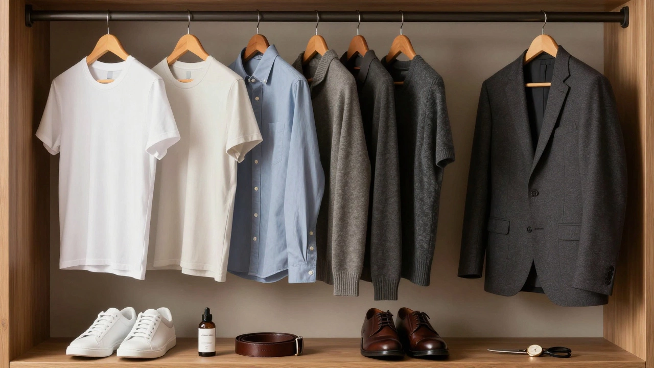 A neatly organized wardrobe of high-quality basics: T-shirts, button-downs, sweaters, and a blazer, with shoes and watch placed with care.