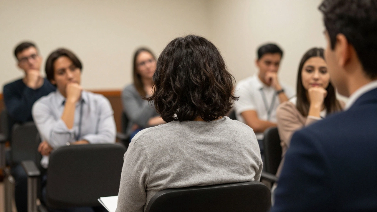 A person listening intently in a meeting, making eye contact as a colleague speaks.