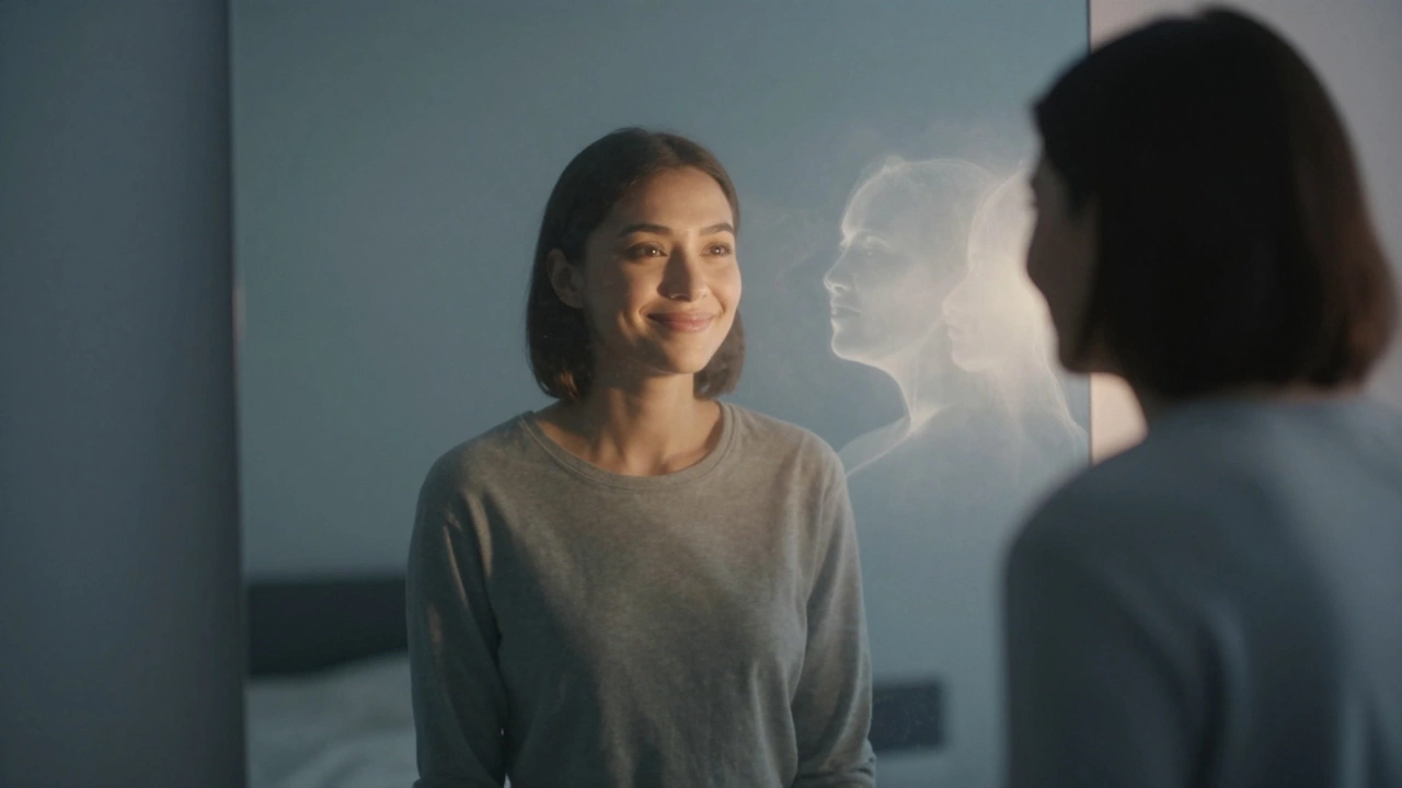 A person looking in a mirror as past criticisms fade into mist around them.