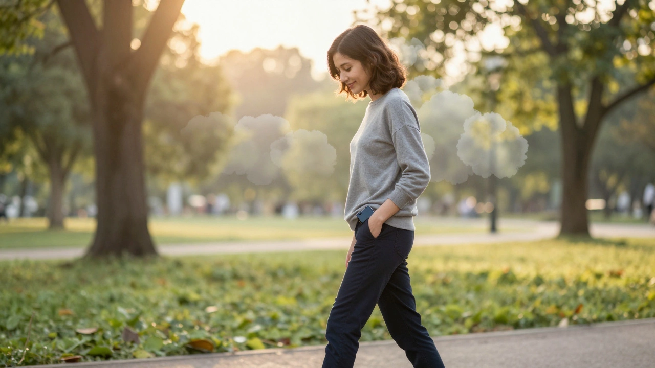 A person walking calmly in a sunlit park, phone out of reach.