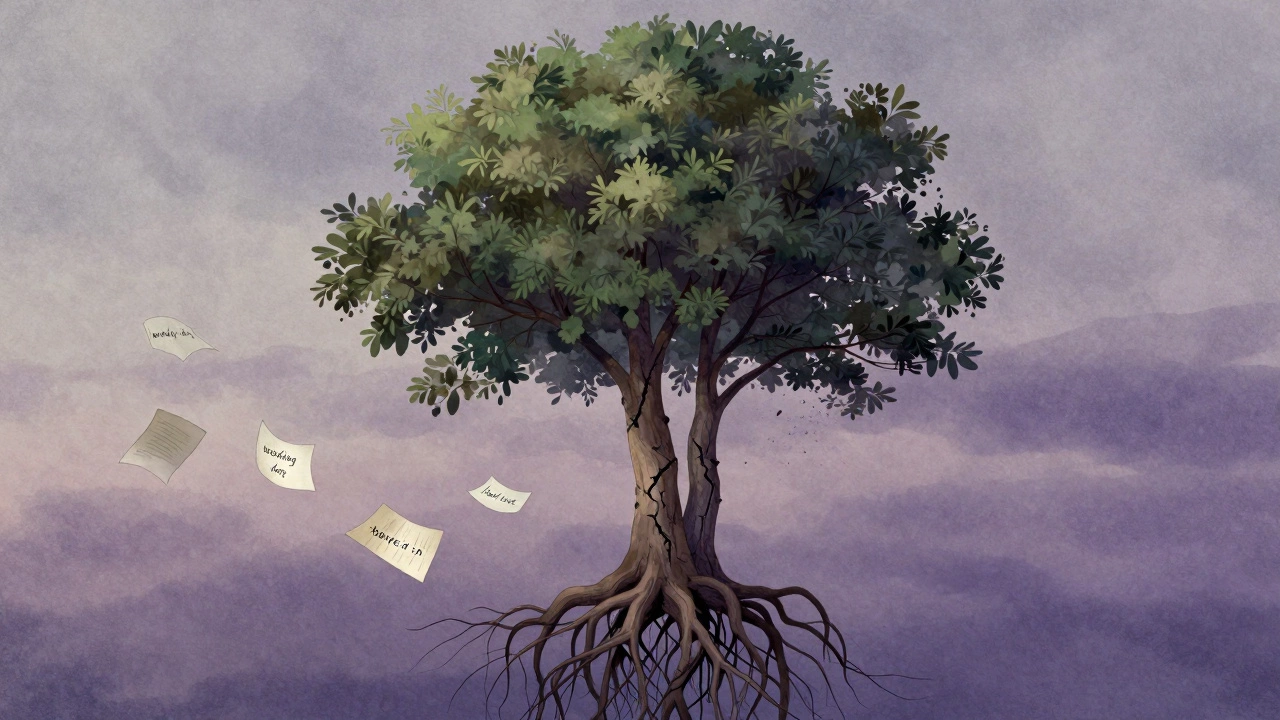A tree with one thriving trunk and one cracked, barren trunk, papers floating beneath symbolizing relationship milestones.