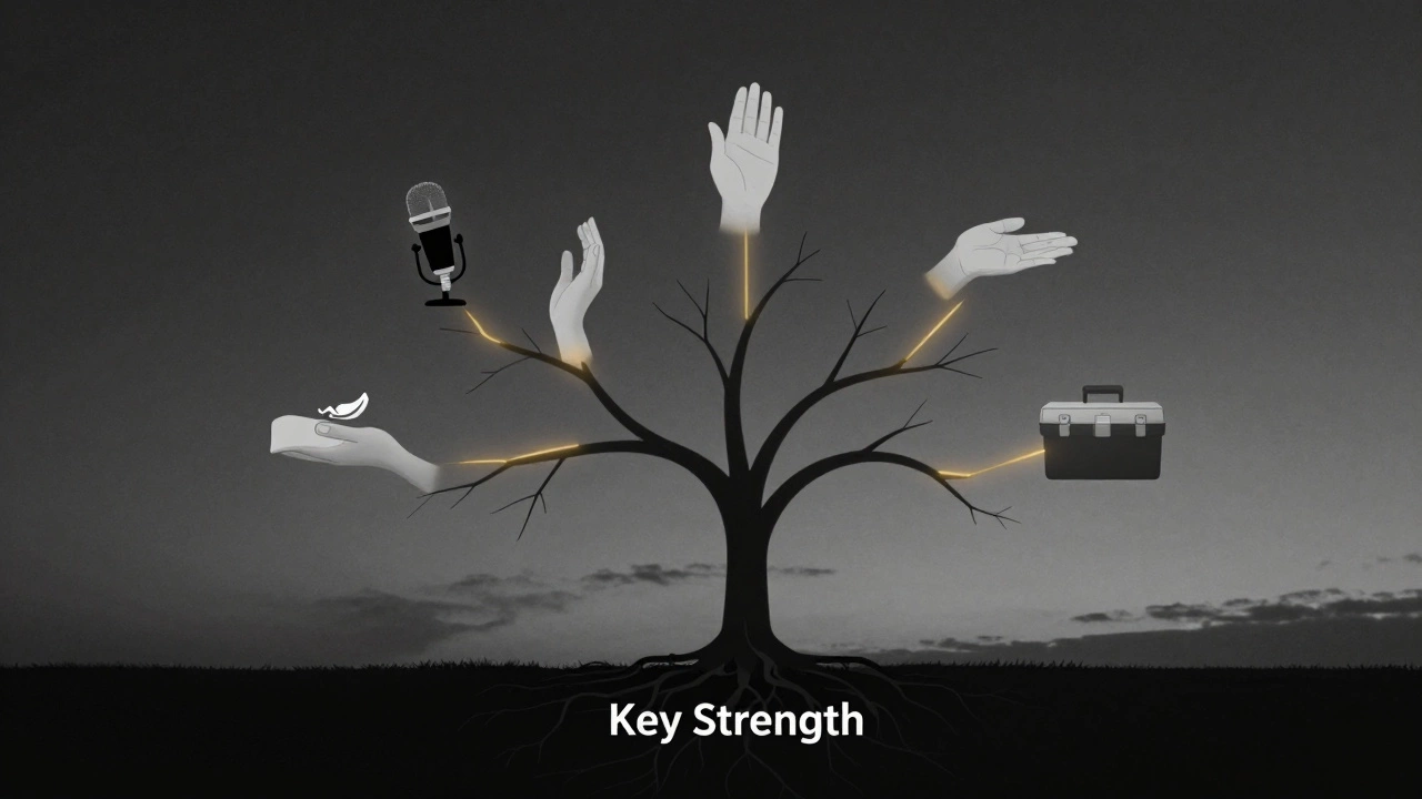 An abstract tree with glowing branches representing different expressions of one core personal strength.