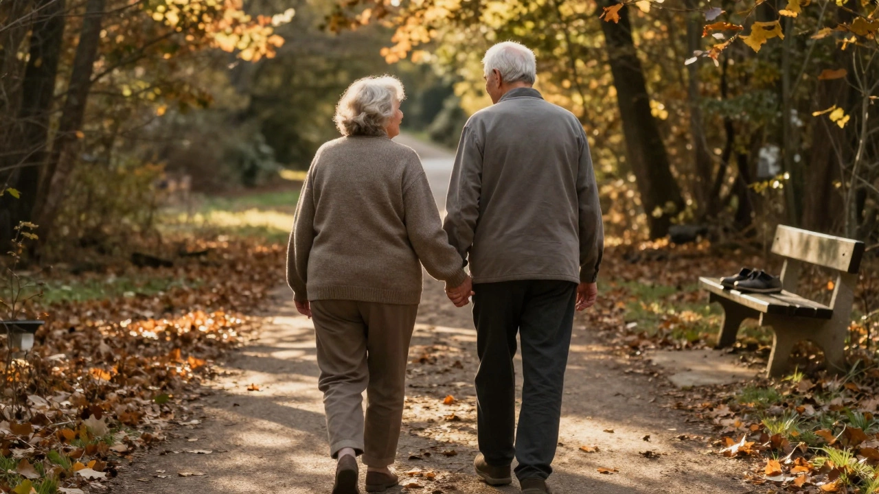 An elderly couple walking hand-in-hand on a sunlit forest path, no phones, quiet and connected.