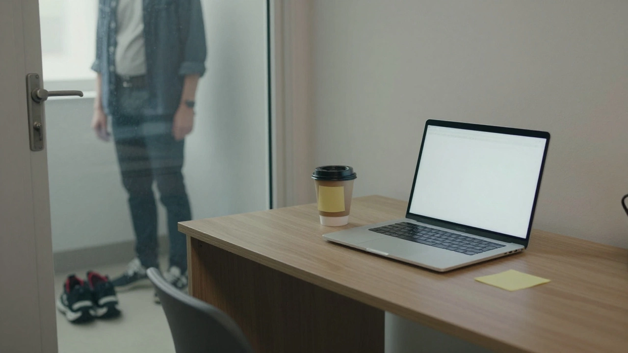 An empty office desk with gym shoes by the door, capturing a moment of hesitation.