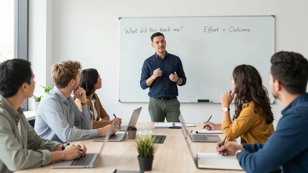 Diverse team in an office, one presenting as growth mindset phrases appear on a whiteboard.