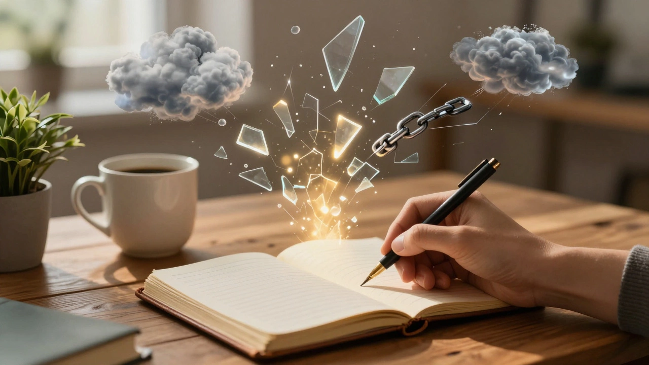 Hand writing in journal as negative thoughts dissolve into warm light.