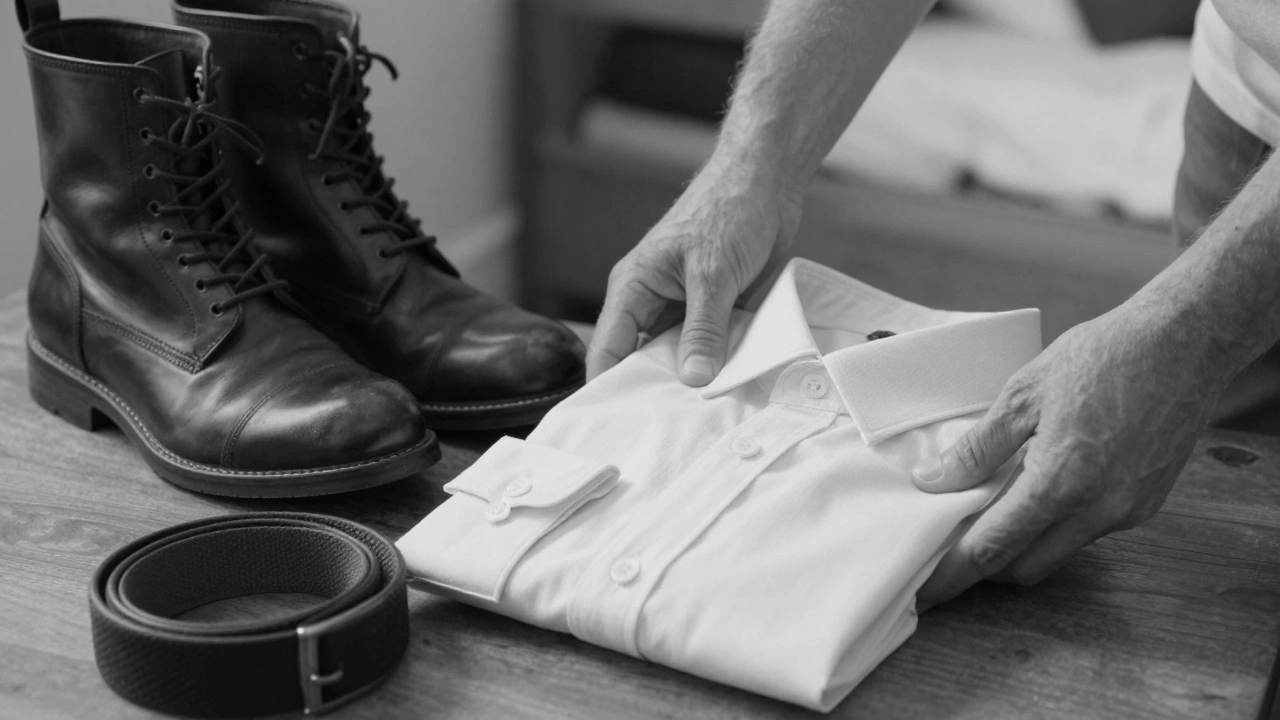 Hands folding an oxford shirt beside leather boots and a cotton belt, emphasizing texture and fit.