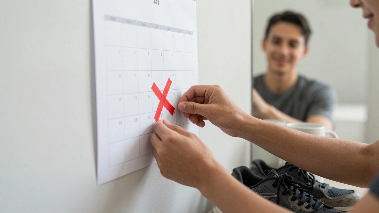 Hands marking a calendar with an X, beside a mug and running shoes.
