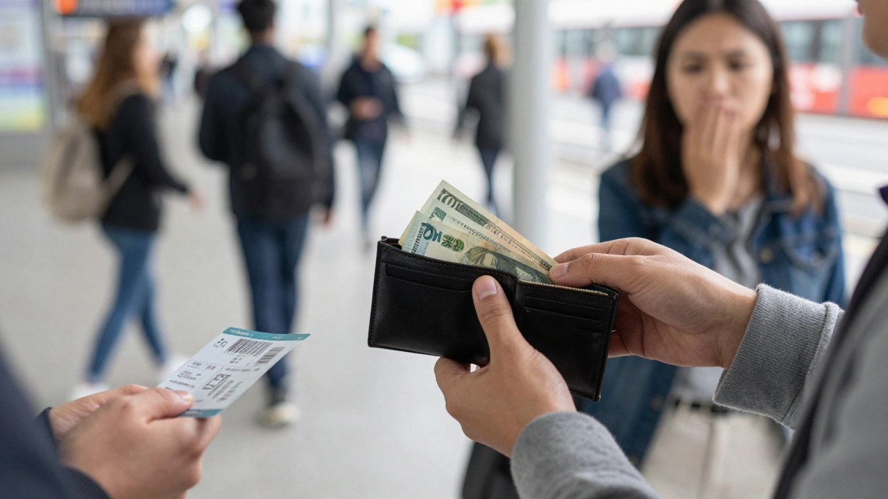 Hands returning extra money to a cashier in a busy transit station, others blurred in motion.