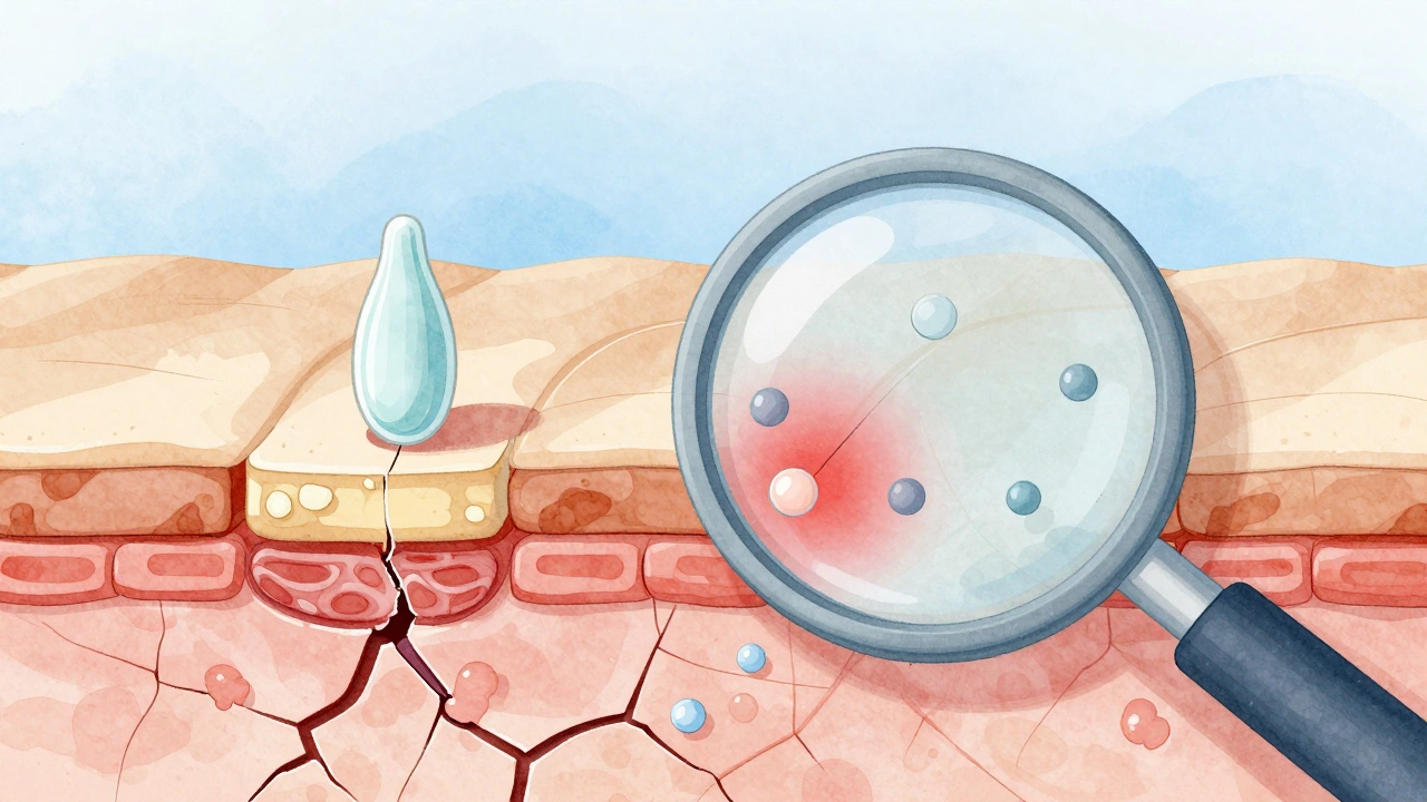 Magnified view of skin barrier being repaired by ceramides and glycerin, blocking irritants.