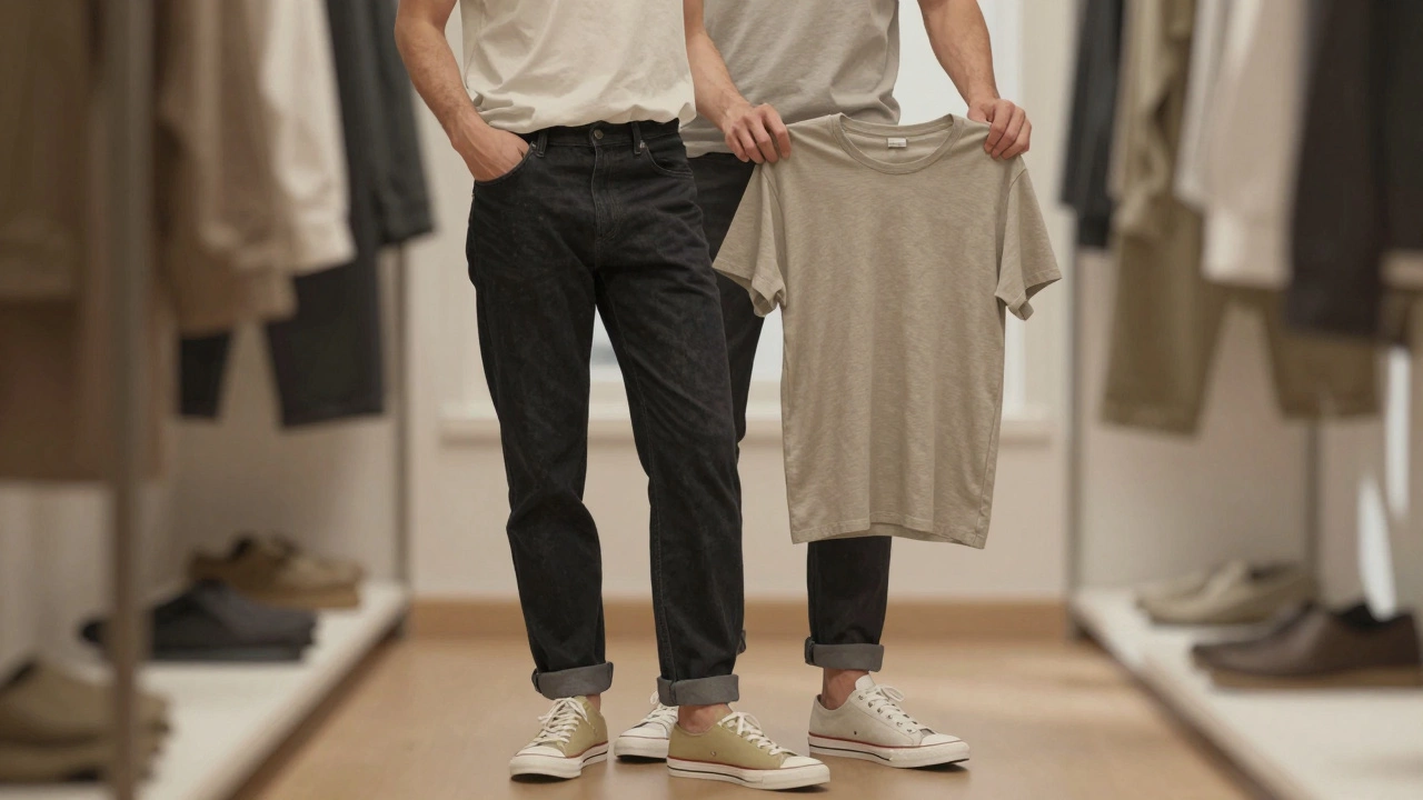 Man&#039;s hands holding core casual wardrobe pieces: jeans, tee, and sneakers in natural light.