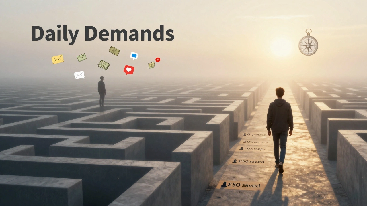 Person lost in a foggy maze vs. walking a clear path toward personal milestones.