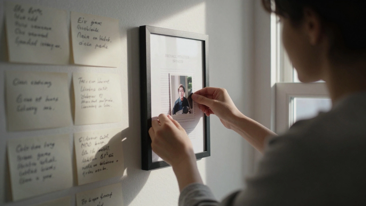 Person placing a memory photo into a 'proof file' frame filled with small victory notes.