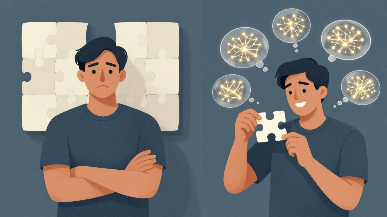 Split image showing avoidance vs. engagement with a puzzle, symbolizing brain growth.