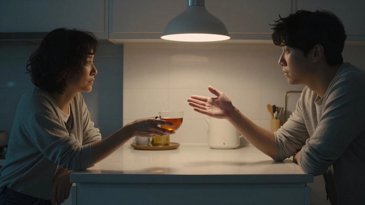 Two hands hesitating to connect across a kitchen counter with soft lighting.