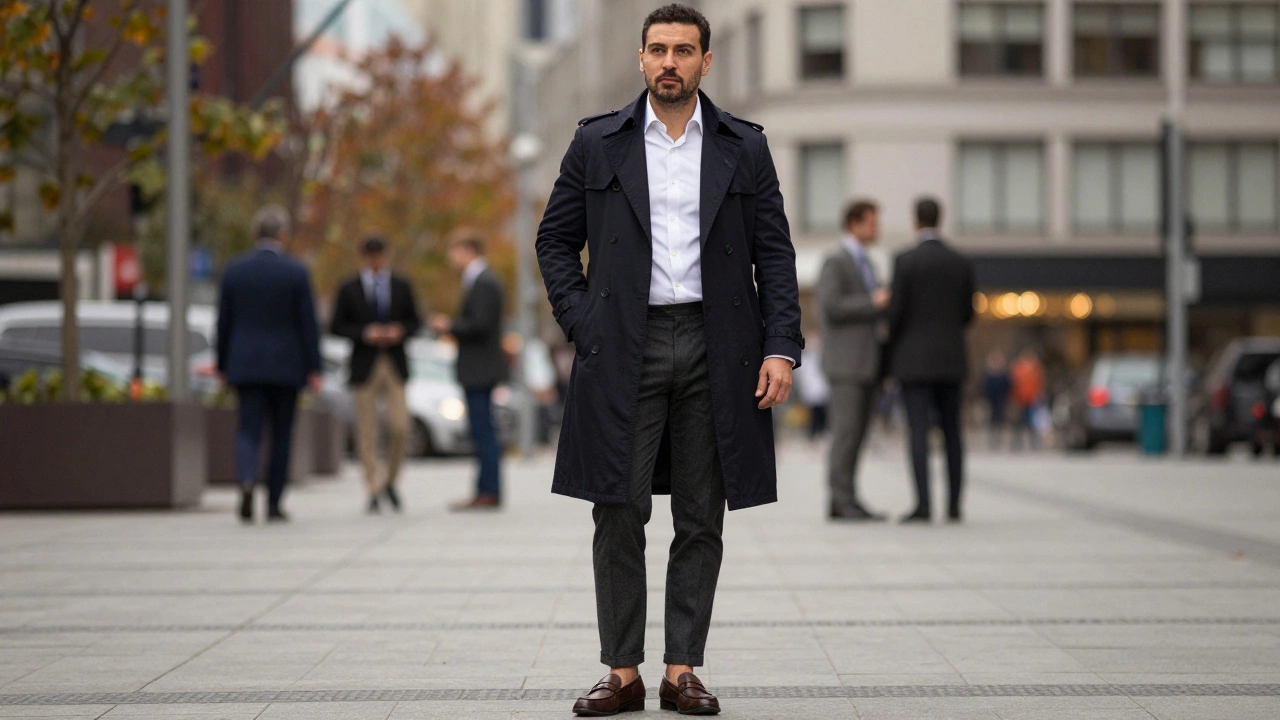 A man wearing a navy blazer and white shirt with charcoal trousers, holding a black trench coat, standing confidently in a city setting.