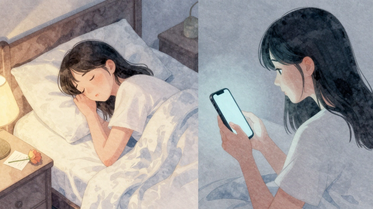 A person sick in bed with a single flower and note versus alone with a silent phone.