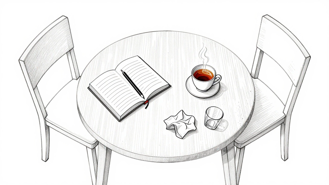 A tidy journal and tea on one side of a table, a messy overturned glass on the other.