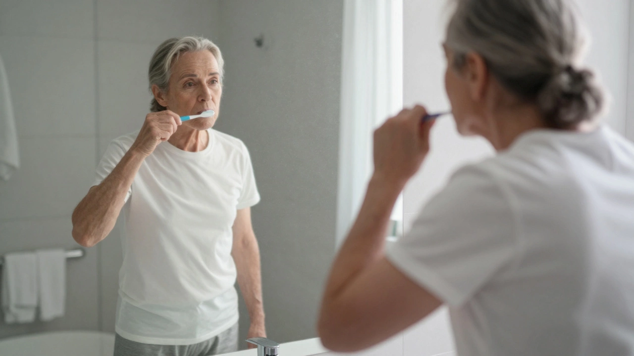 An older adult standing on one foot while brushing teeth, practicing balance daily.