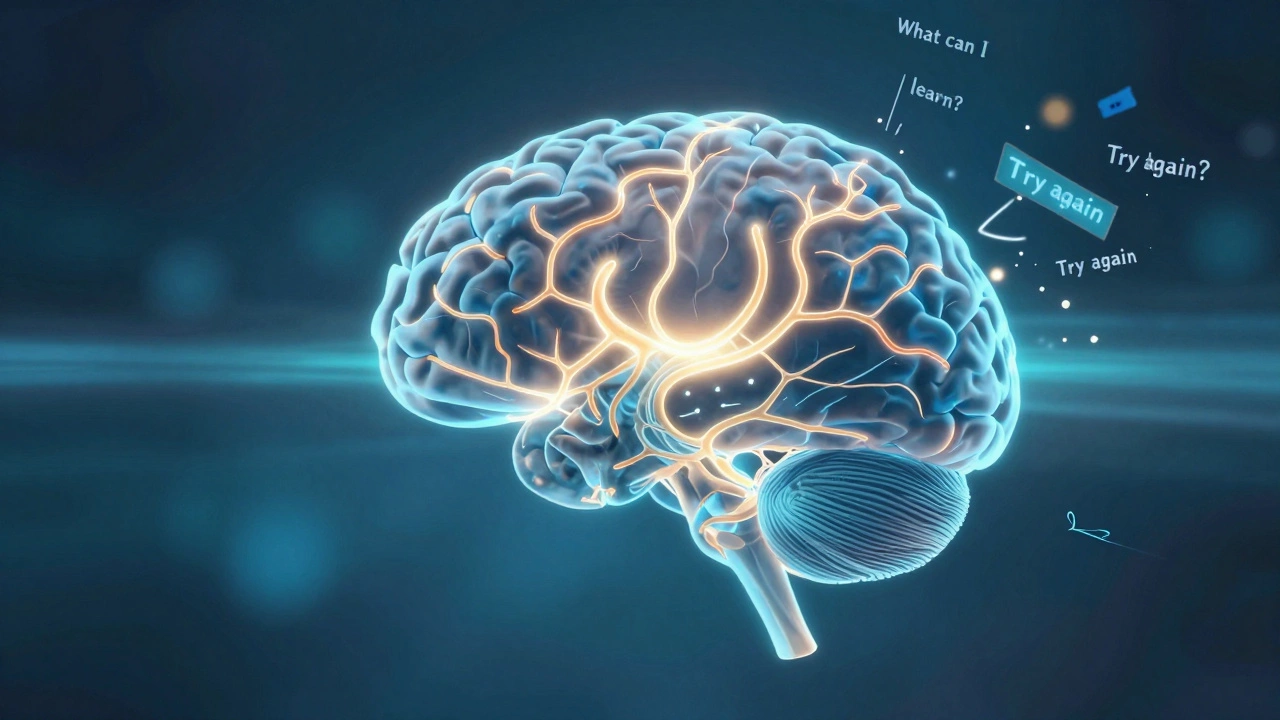 Brain scan showing active problem-solving areas glowing while fear centers remain calm.