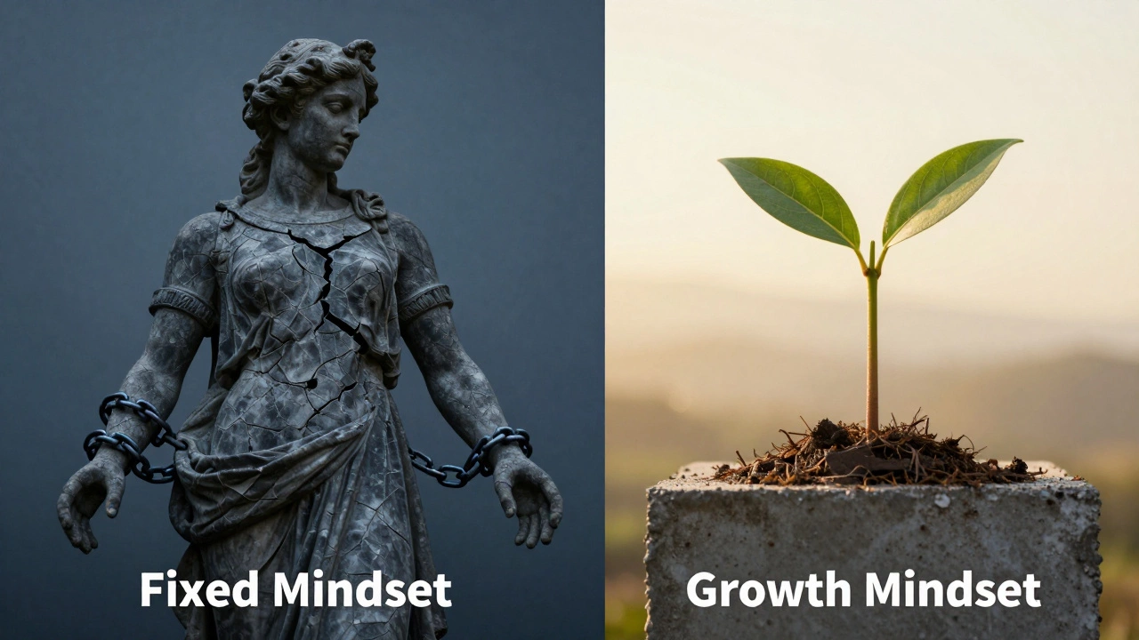 Contrasting symbols: a chained statue versus a sapling breaking through concrete.