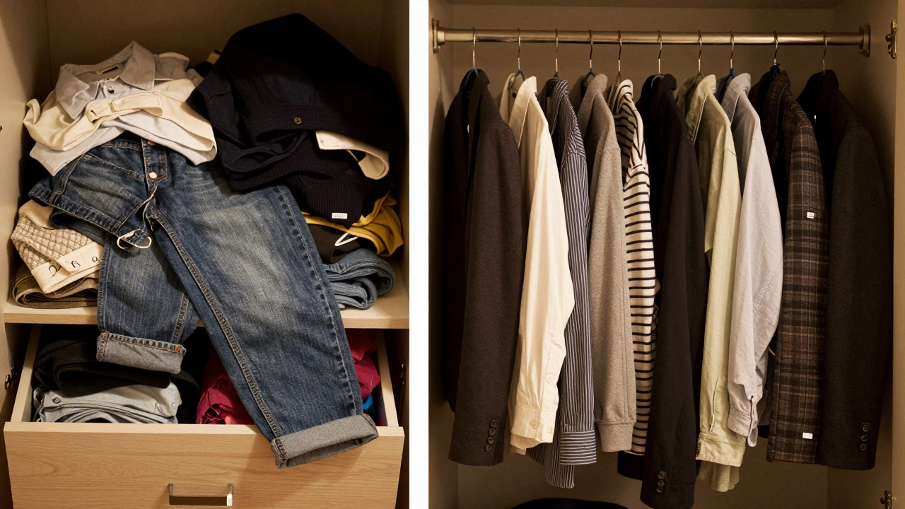 Left side: messy, overflowing closet. Right side: organized nine-piece minimalist wardrobe. Clean contrast between chaos and order.