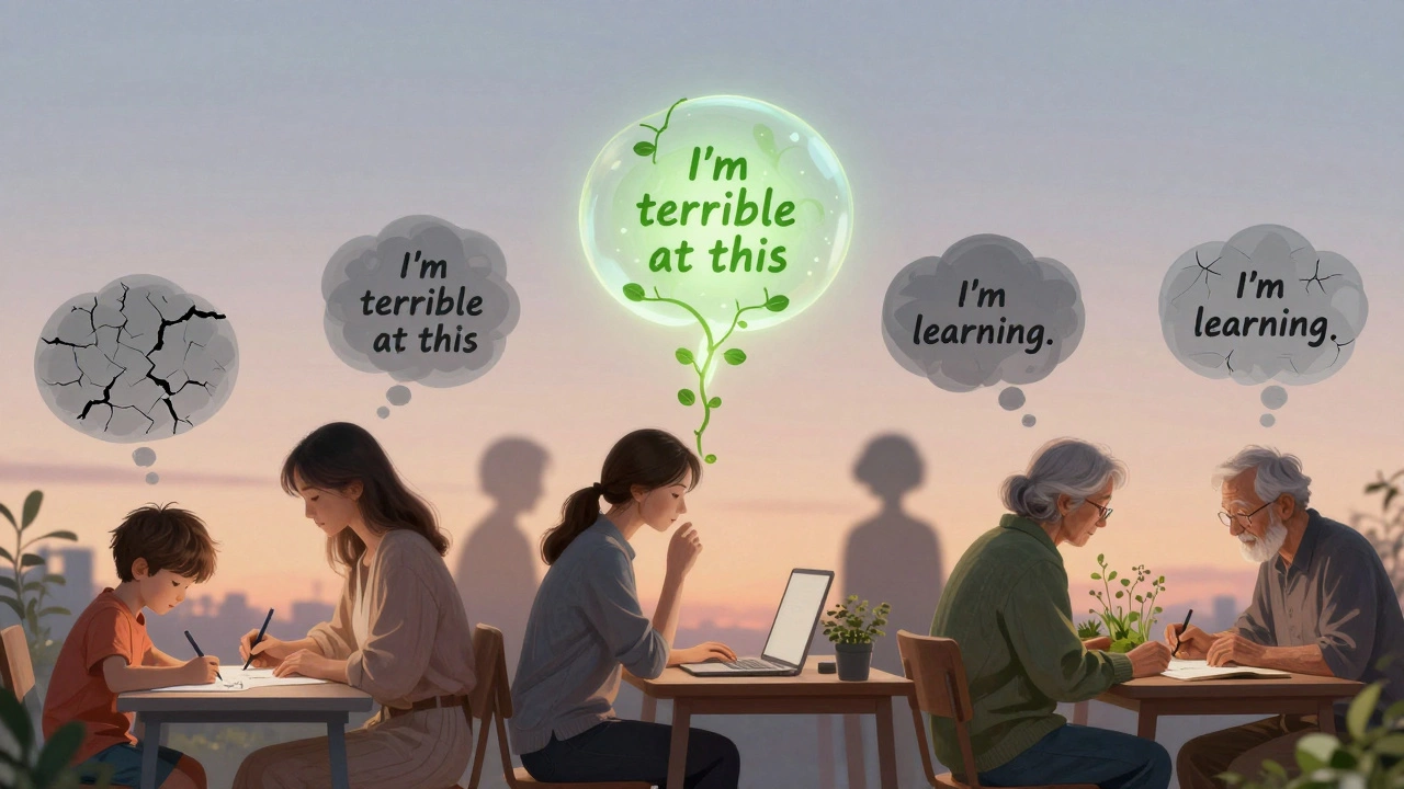 People in daily life with thought bubbles showing fixed vs. growth mindset phrases, glowing vines emerging from positive thoughts.