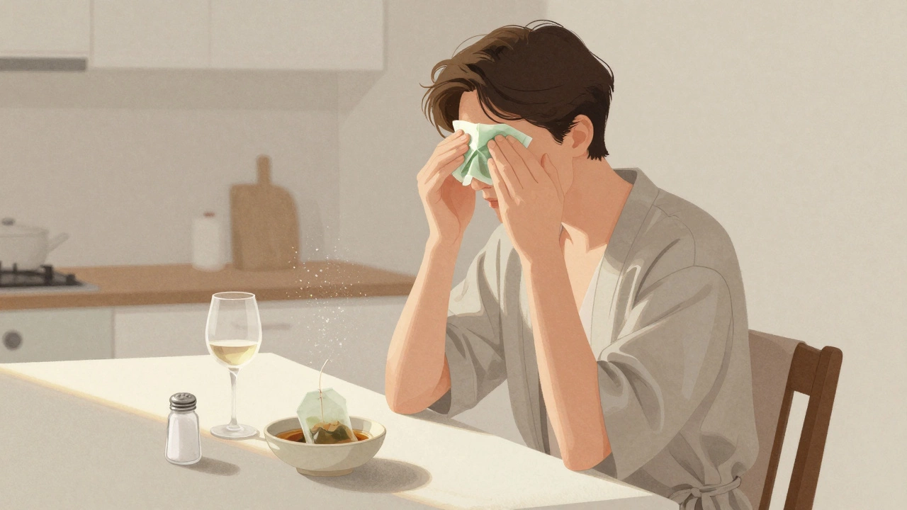 Someone applying a cold green tea bag to their eyes at dawn with a minimalist kitchen backdrop.