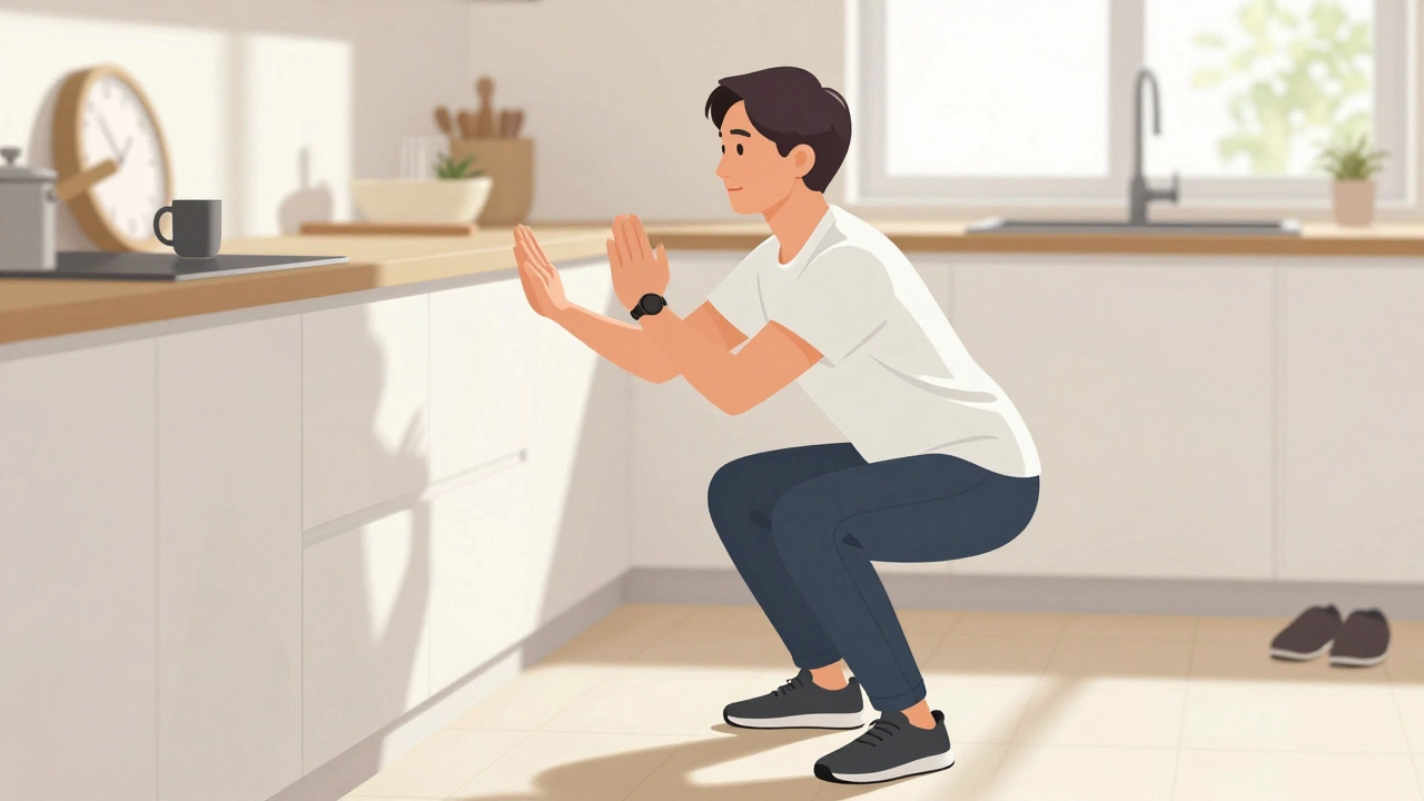 Someone doing squats near a kitchen counter, using it for support during exercise.