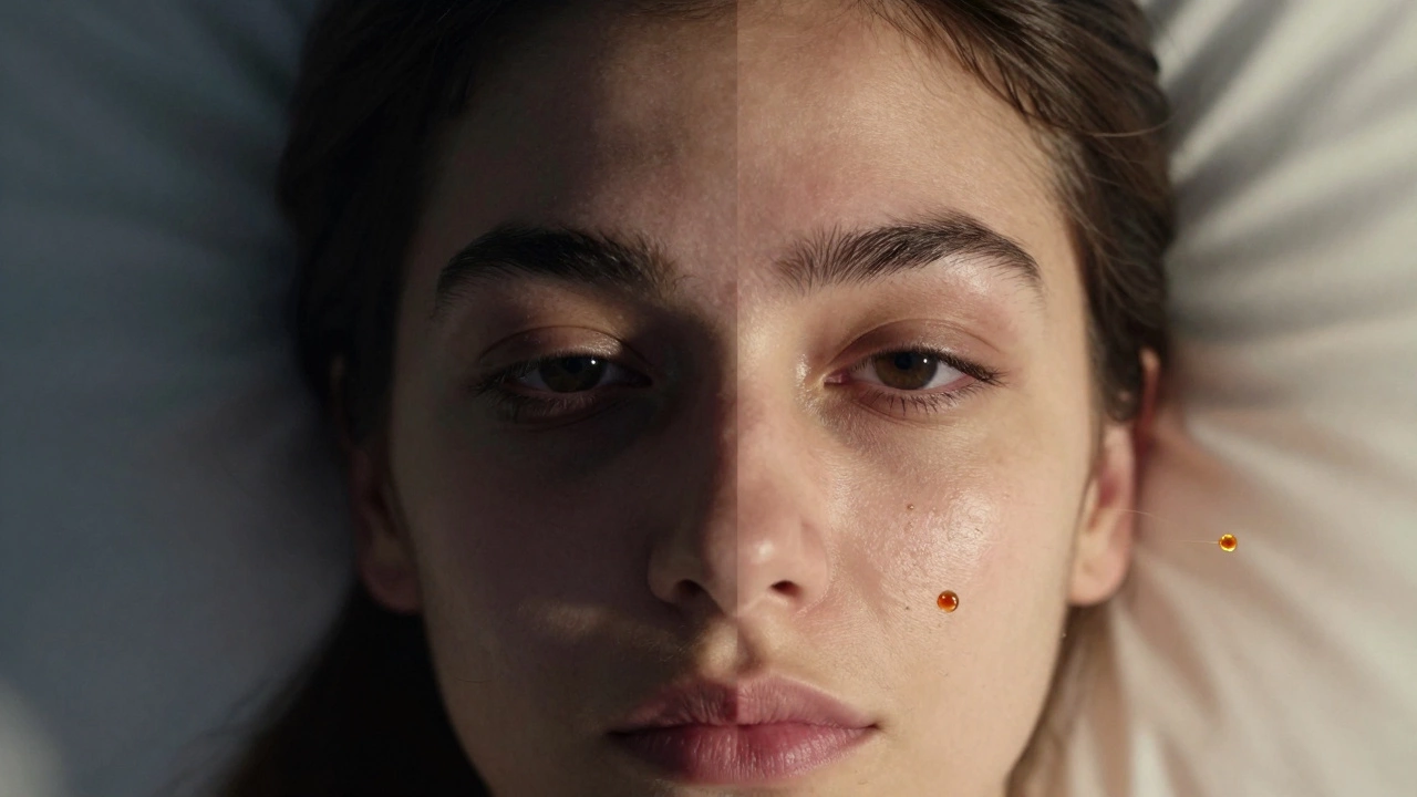 Split-face portrait showing transformation from tired to refreshed eyes through healthy habits.