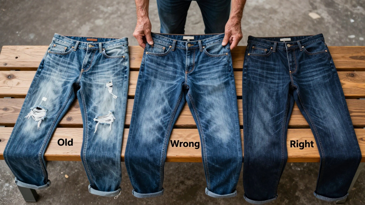 Three pairs of jeans displayed side by side, highlighting the difference between poor fit and ideal modern denim for men over 40.