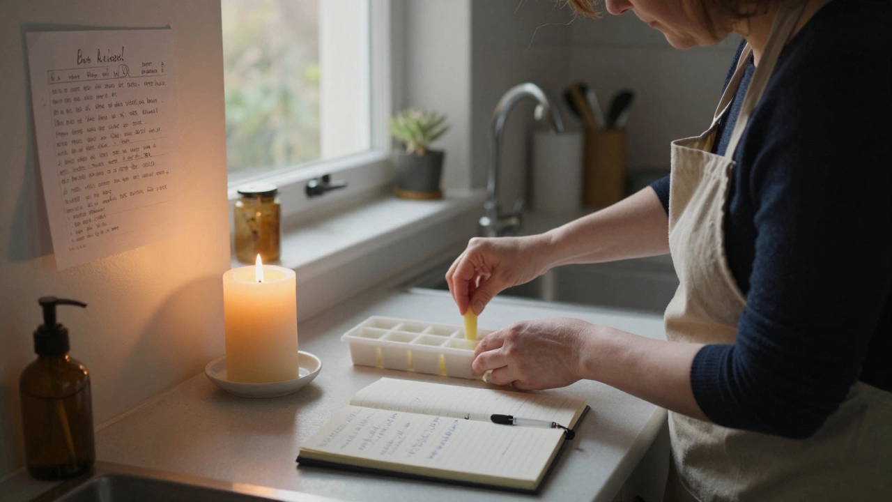 Woman making candles in her kitchen, surrounded by notes of progress and perseverance.