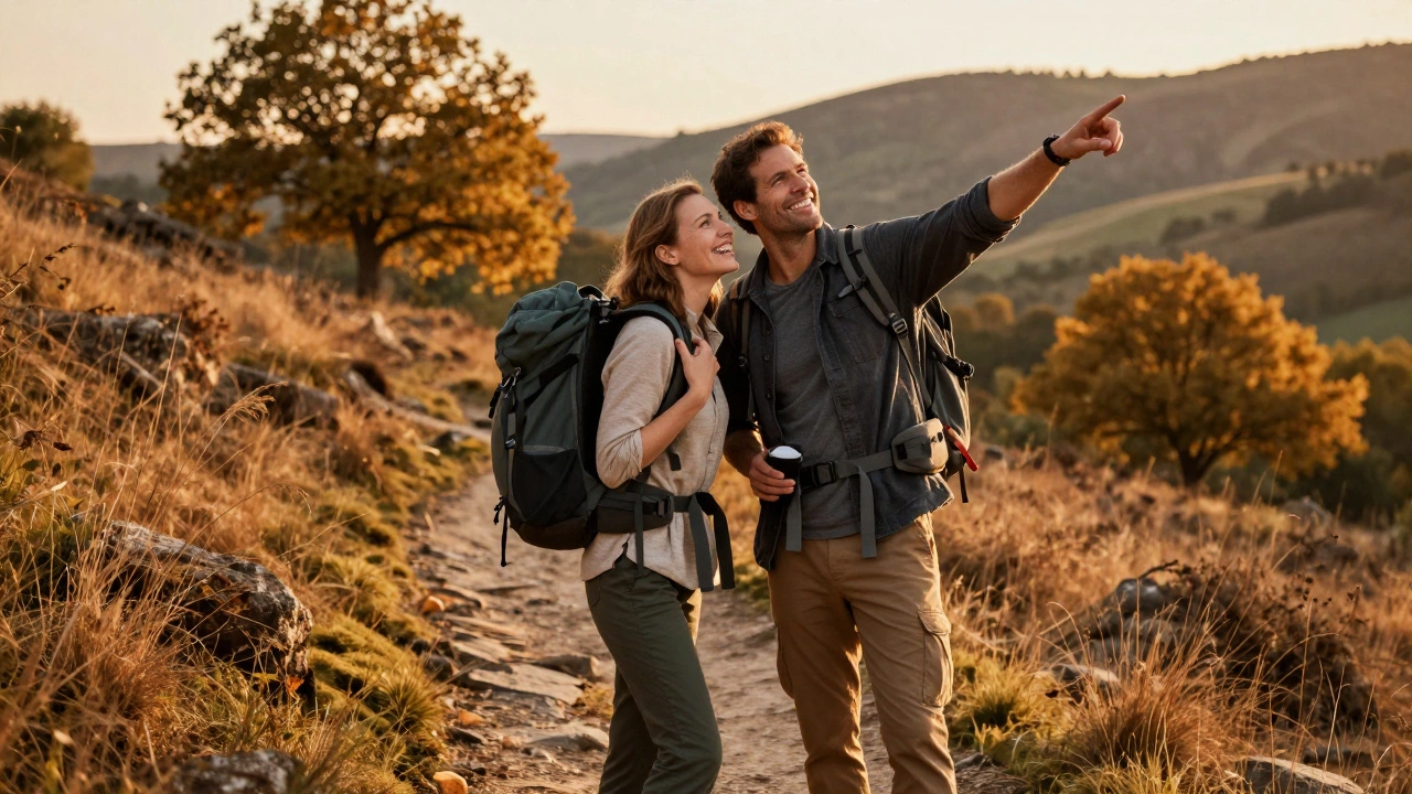 A couple smiling on a hiking trail at sunset, discovering a new path together.