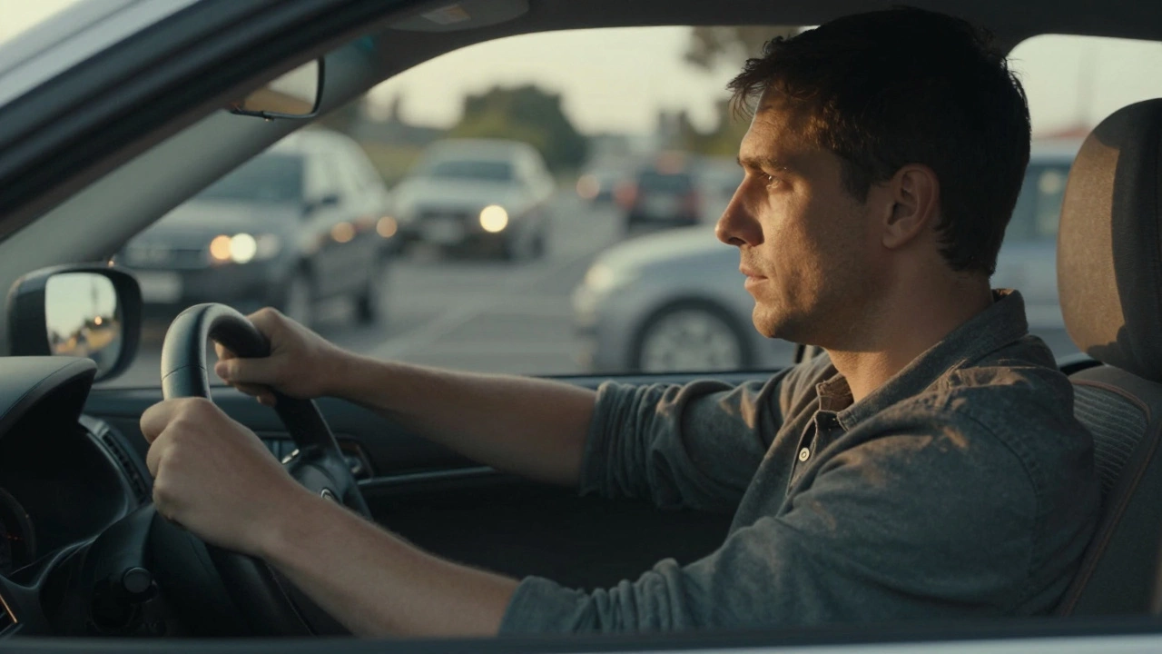 A man in a car calmly counting to six during a moment of anger, breathing steadily behind the wheel.