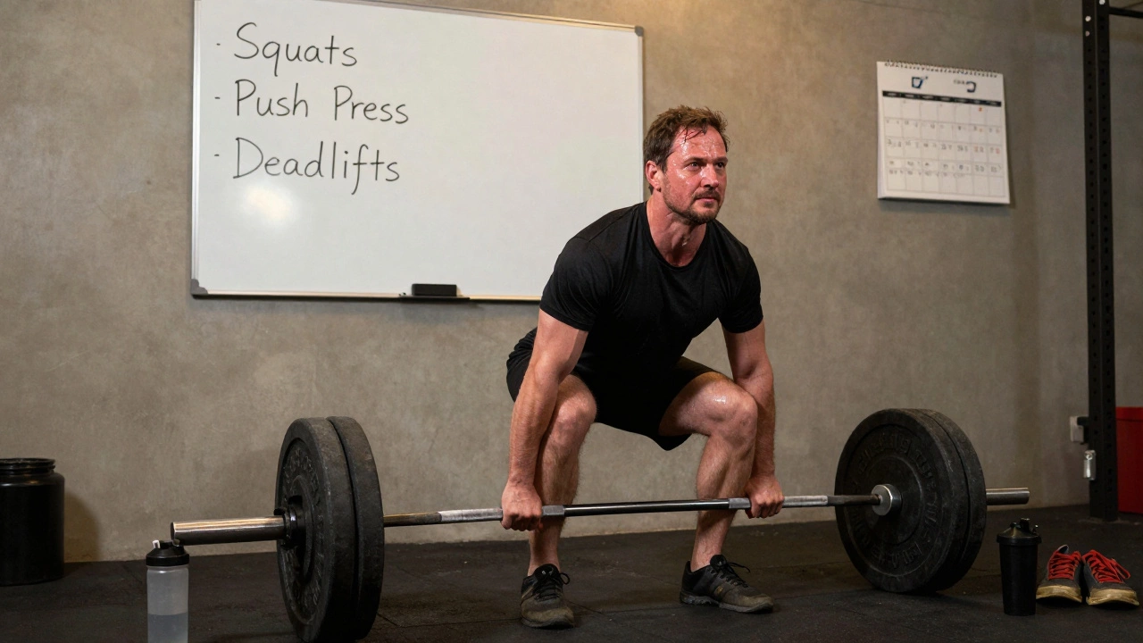 A man lifting a heavy barbell in a home gym, focused and sweating during a deadlift.