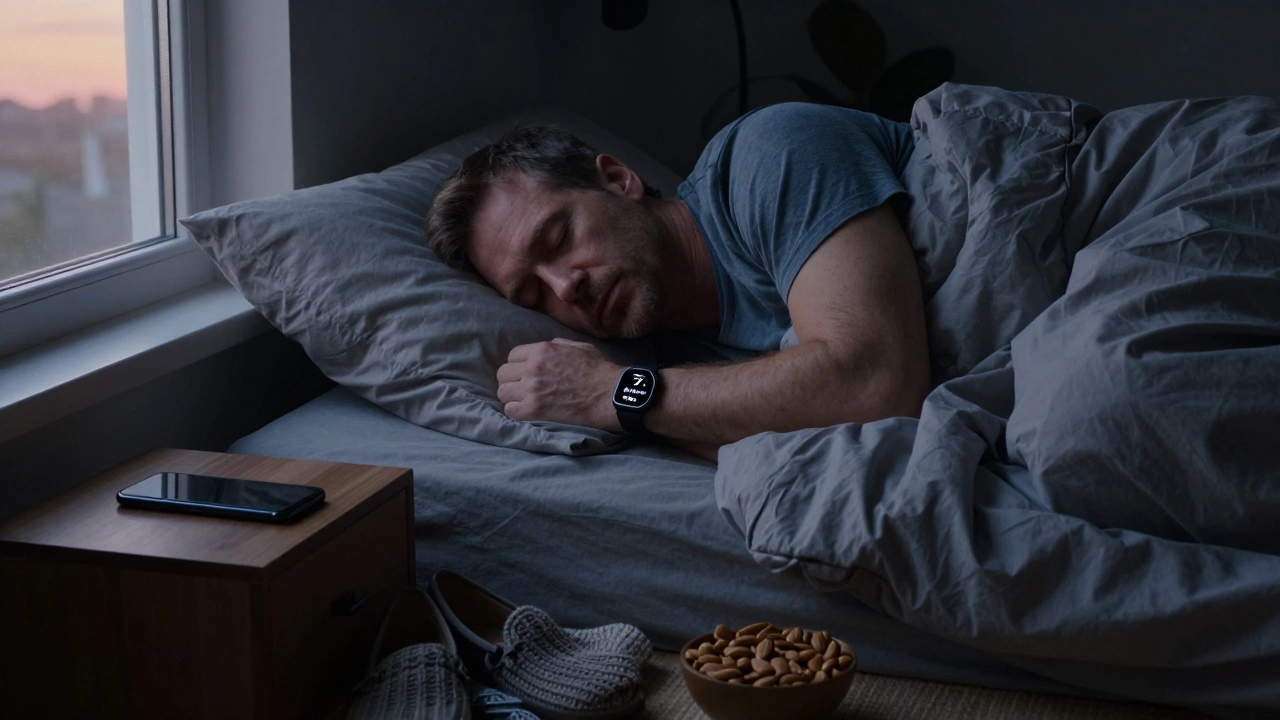 A man sleeping peacefully in a dark, cool bedroom with a fitness tracker on his wrist.